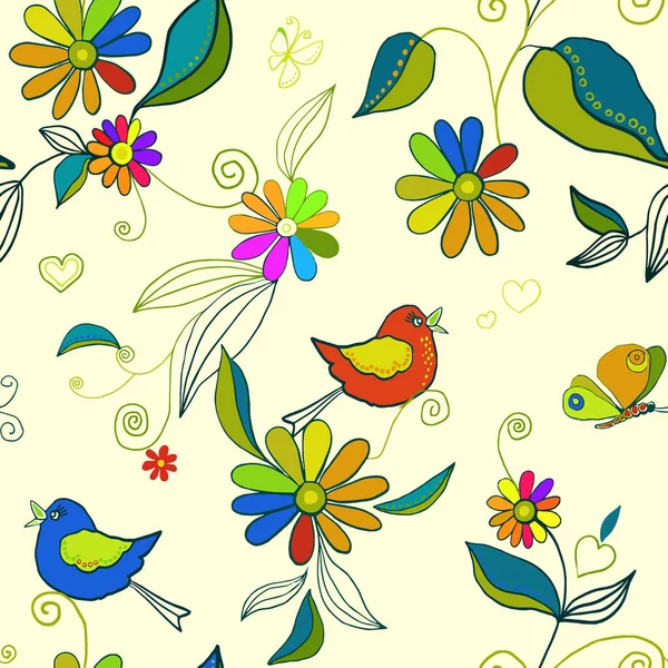 Seamless Pattern Birds Butterflies Anemones Wild Flowers Rainbow Colors Small — Vector de stock