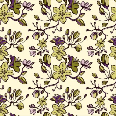 Flowering branches of cherries, apples, pears, buds, leaves. Line drawn floral seamless pattern on a light background. Trendy botanical bouquet of flowers. Fashionable foliage vector print, texture