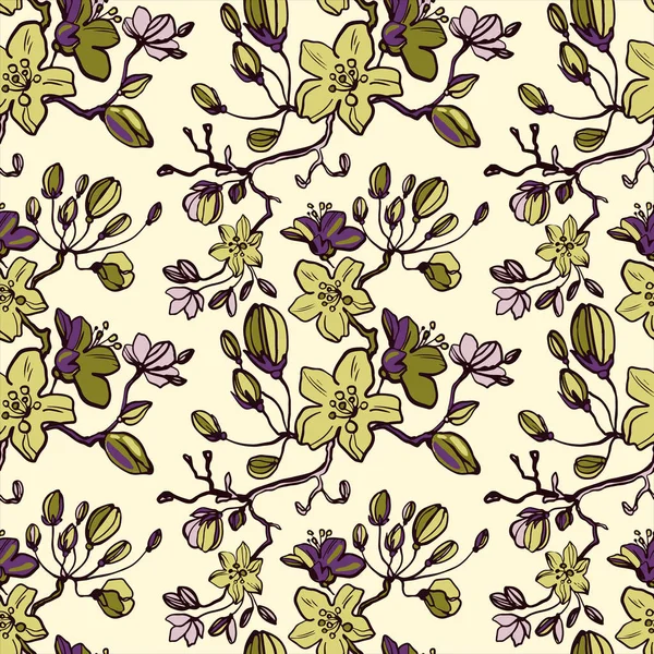 Flowering branches of cherries, apples, pears, buds, leaves. Line drawn floral seamless pattern on a light background. Trendy botanical bouquet of flowers. Fashionable foliage vector print, texture