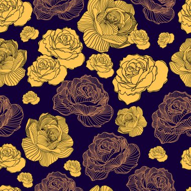 Seamless floral hand drawn detailed pattern, bouquet of flowers. Beautiful vector illustration texture with yellow and pink roses on dark purple background. Rose print
