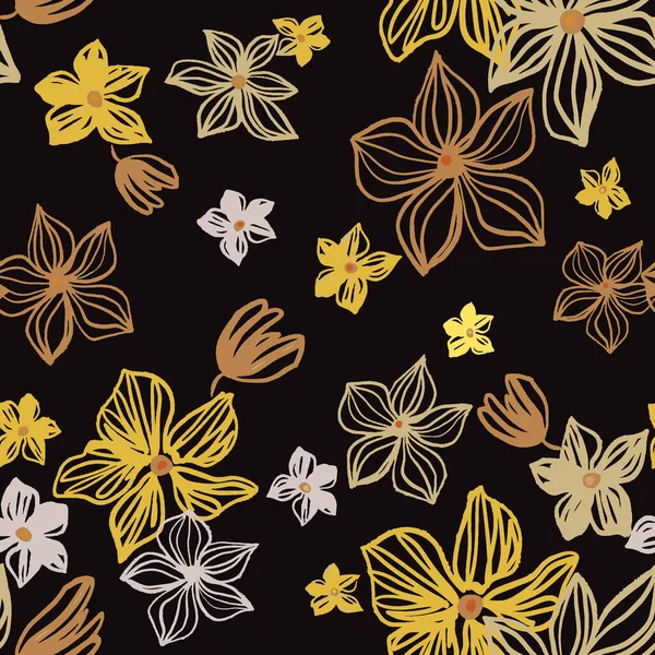 vector seamless pattern with drawing yellow, silver, gold flowers. Floral watercolor background and line art hand drawn illustration. Trendy autumn exotic texture print