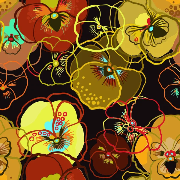 Pansy Flowers Seamless Pattern Yellow Red Brown Green Flowers Dark — Vetor de Stock