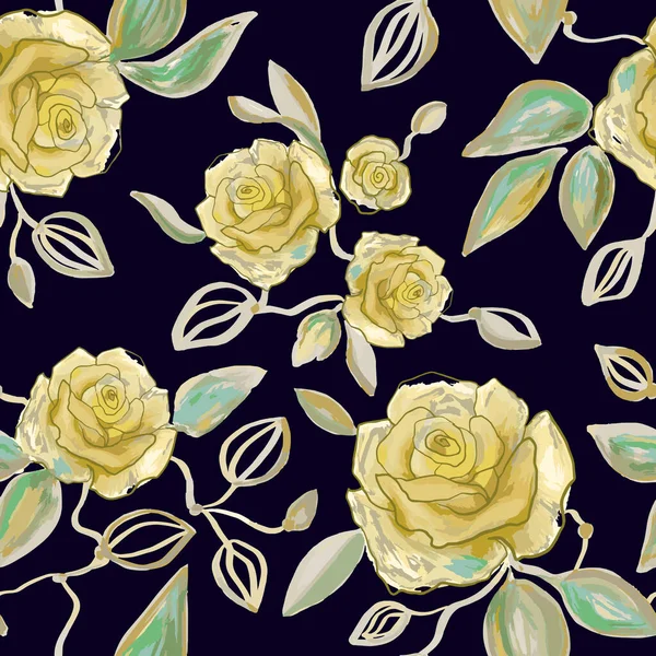 Hand Drawn Watercolor Line Art Floral Seamless Pattern Tender Yellow — Stok Vektör