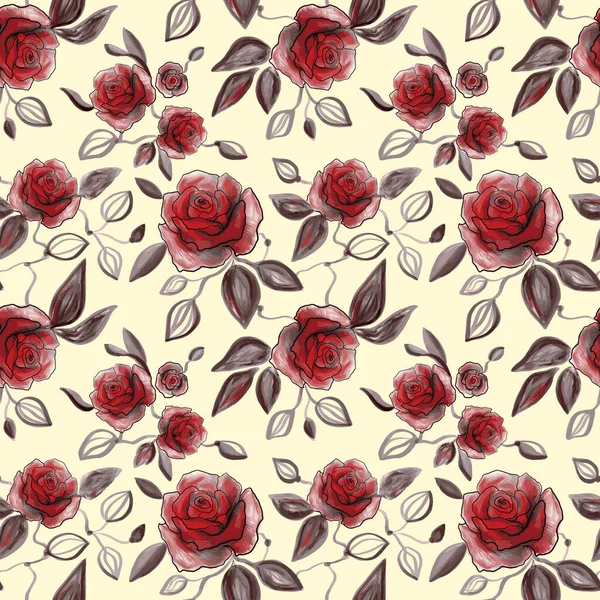 Vintage Vector Seamless Pattern Red Dahlias Roses Chrysanthemums Flowers Leaves — Διανυσματικό Αρχείο