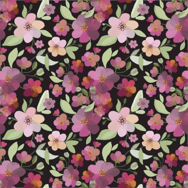 Suluboya sakura ve dikenli desen. Çiçek açan kiraz ağacı dallarıyla kusursuz doğal doku. Siyah arka planda el çizimi Japon çiçekleri. Çiçek vektör illüstrasyonu