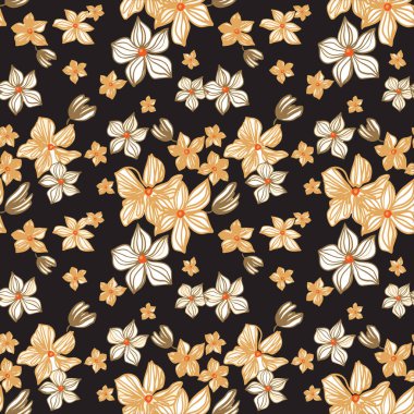 Siyah arka planda sarı çiçekli kusursuz tekrar desenleri var. El yapımı kumaş, hediye paketi, duvar tasarımı. Stok vektör illüstrasyonu