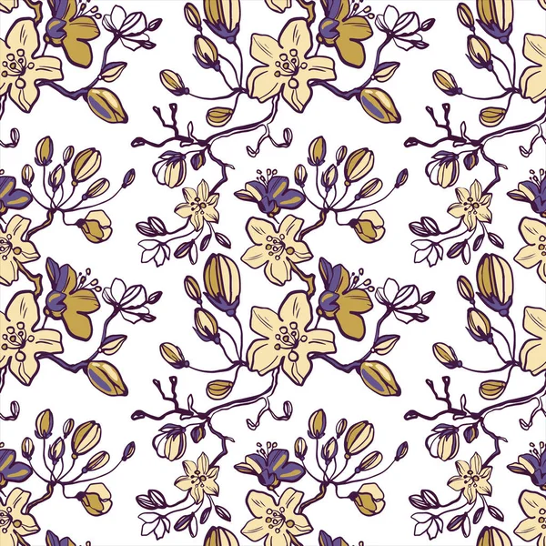 Flowering branches of cherries, apples, pears, buds, leaves. Line drawn floral seamless pattern on white background. Trendy botanical bouquet of flowers. Fashionable foliage vector print, texture