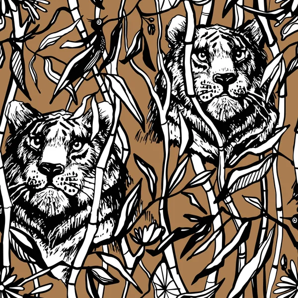 Tiger Lion Seamless Pattern Exotic Jungle Brown Background Drawn Tropical — Stockový vektor