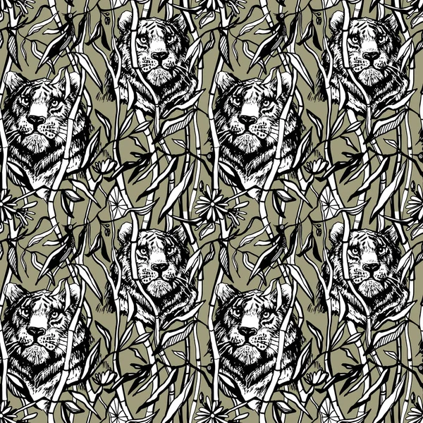 Tiger Seamless Pattern Exotic Jungle Background Drawn Tropical Bamboo Leaves — Vector de stock