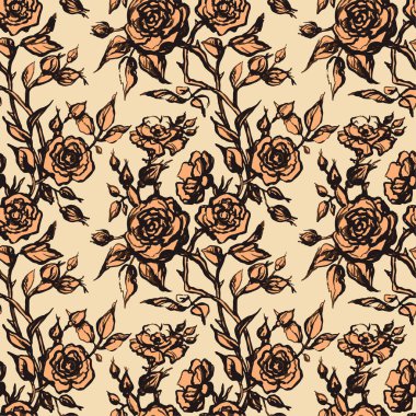 Çiçekler, tomurcuklar ve gül yapraklarıyla Victoria tarzında klasik çiçek desenli. Mürekkep çizgisi monokrom çizimi. Açık sarı arkaplanda el çizimi güller.