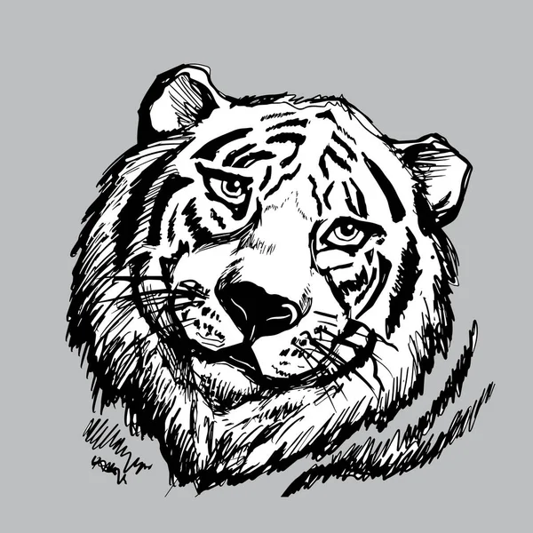 Tête Tigre Sur Fond Gris Portrait Derawn Noir Contour Art — Image vectorielle