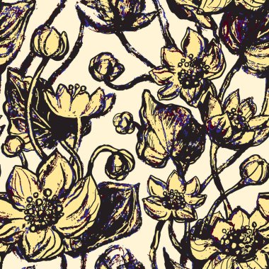 Doğrusal desen - nilüfer çiçeği, nilüfer çiçeği. Nilüfer çiçekleri kusursuz desen. Çizim sanatıyla monoton. Egzotik ışık, glold, sarı arkaplan dokusu. Tropikal çiçek desenli sanat baskısı.