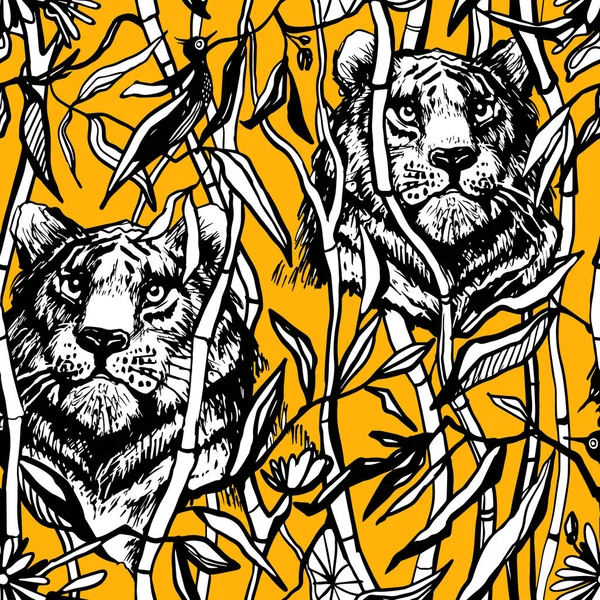 Patrón Sin Costuras Tigre León Selva Exótica Sobre Fondo Amarillo — Vector de stock