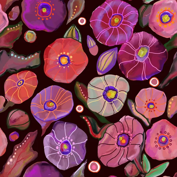 Ritade Färgglada Sömlösa Mönster Trädgård Blommor Vektor Illustration Rosa Lila — Stock vektor