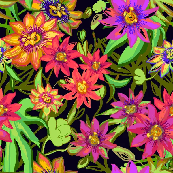 Tropik egzotik çiçekler kusursuz desen. Passiflora, orkide, plumeria. Yeşil yapraklı, siyah arka planda izole edilmiş, orman muz ağacı. El çizimi çiçek dokusu, parmak izi. Vektör illüstrasyonu