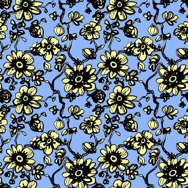 Marguerites Noires Fleurs Dahlias Motif Sans Couture Sur Fond Bleu — Image vectorielle