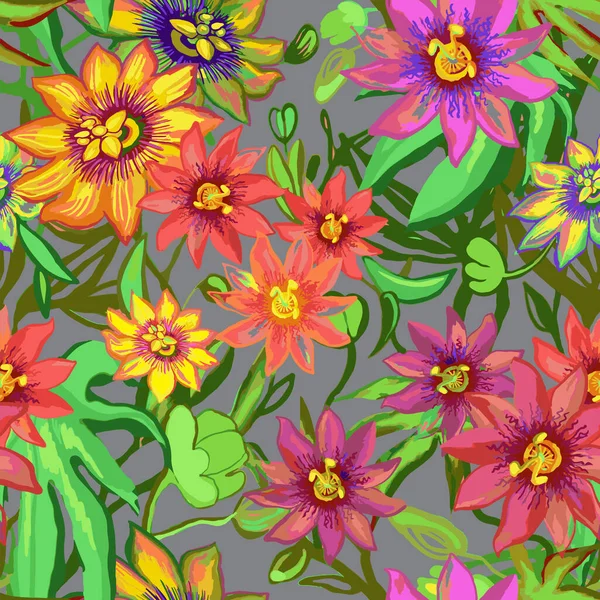 Tropik egzotik çiçekler kusursuz desen. Passiflora, orkide, plumeria. Gri arkaplanda yeşil yapraklar, orman muz palmiyesi. El çizimi çiçek dokusu, parmak izi. Vektör illüstrasyonu