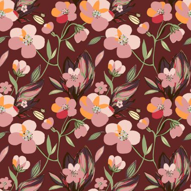 Elle çizilmiş pembe şakayık çiçekli, pürüzsüz desen. Botanik çiçekleri ve geriye kalanlar. Hafif bordo arkaplanda vektör izi, doku.