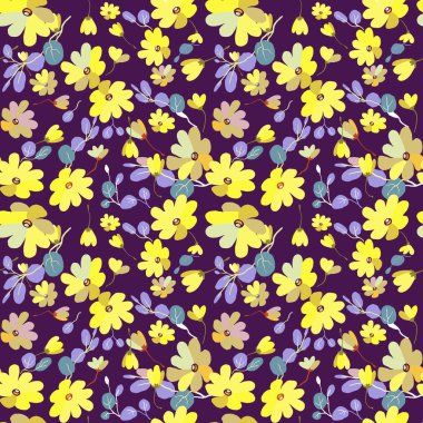 Küçük çiçeklerdeki okaliptüslü şirin desenler. Küçük pembe, sarı çiçekler. Egzotik mor arka plan. Dikensiz çiçek deseni, doku, iz.