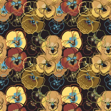 Çiçeksiz nonoş deseninin vektör çizimi. Altın, bej, sarı, koyu arkaplanda mor çiçekler. Suluboya ve resim çizimi. Doğrusal nonoş izi, doku.