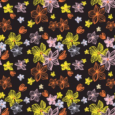 Soyut çiçek deseni, sarı, altın, gümüş, turuncu çizilmiş kusursuz desenli. Çiçekli suluboya arka plan ve çizim çizimi. Egzotik çiçekli sonbahar dokusu baskısı