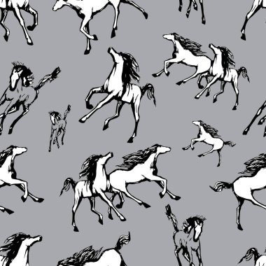 Gri arka planda dörtnala giden atlar. Kusursuz bir şekilde çizilmiş. Siyah ve beyaz renkli koşan atların siluetleri ve doğrusal figürleri. Vektör dokusu, baskı illüstrasyonu