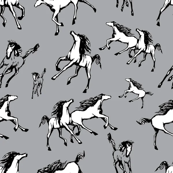 Gri arka planda dörtnala giden atlar. Kusursuz bir şekilde çizilmiş. Siyah ve beyaz renkli koşan atların siluetleri ve doğrusal figürleri. Vektör dokusu, baskı illüstrasyonu