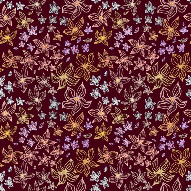 Soyut çiçek deseni, sarı, altın, gümüş, mavi çizilmiş kusursuz desenli. Çiçekli suluboya arka plan ve çizim çizimi. Egzotik çiçekli bordo desen baskısı