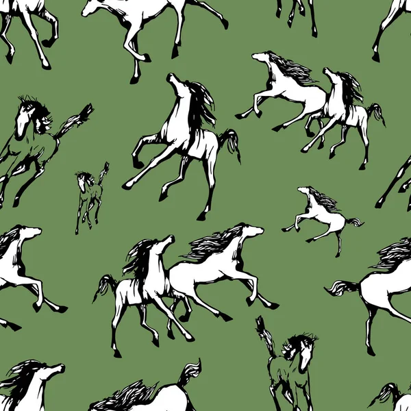 Galopperende Paarden Groene Achtergrond Getekend Naadloos Patroon Silhouetten Lineaire Figuren — Stockvector