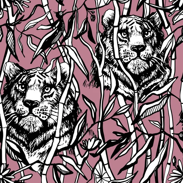 Tijger Leeuw Naadloos Patroon Exotische Jungle Donkerroze Achtergrond Met Getekende — Stockvector
