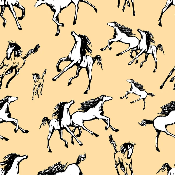 Galopperende Paarden Gele Achtergrond Getekend Naadloos Patroon Silhouetten Lineaire Figuren — Stockvector