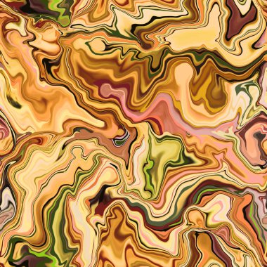 Mermer desenli, kusursuz desen. Turuncu, siyah, kahverengi, sarı soyut arkaplan. Kusursuz sıvı sıvı. Ebru tarzı etki. Su mürekkebi izi. Vektör.