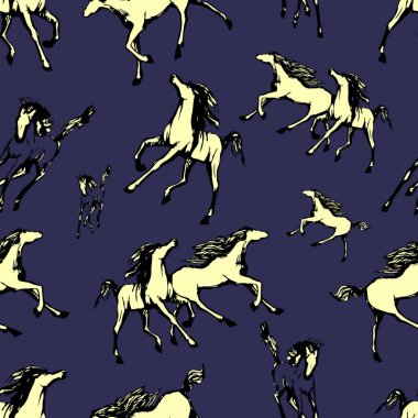 Mavi arka planda dört nala koşan atlar. Kusursuz bir şekilde çizilmiş. Siyah ve sarı renkli koşan atların siluetleri ve doğrusal figürleri. Vektör dokusu, baskı illüstrasyonu