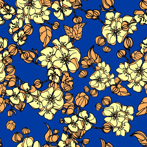 Узор Желтых Цветов Голубой Фон Желтый Оранжевый Орнамент Цветов Листьев — стоковый вектор