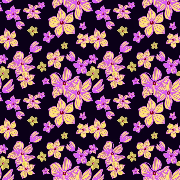 Seamless Repeat Pattern Yellow Flowers Purple Background Hand Drawn Linear — Vector de stock