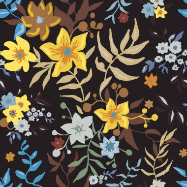 Tropik çiçek deseni. Koyu arkaplanda renklendirilmiş çiçek desenli vektör deseni. Stilize el boyaması bahçe zambağı ve egzotik çiçek dokusu. Modaya uygun yaprak izi. Vektör