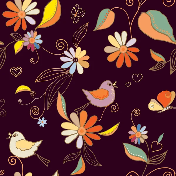 Patrón Sin Costuras Con Pájaros Mariposas Anémonas Flores Silvestres Colores — Vector de stock
