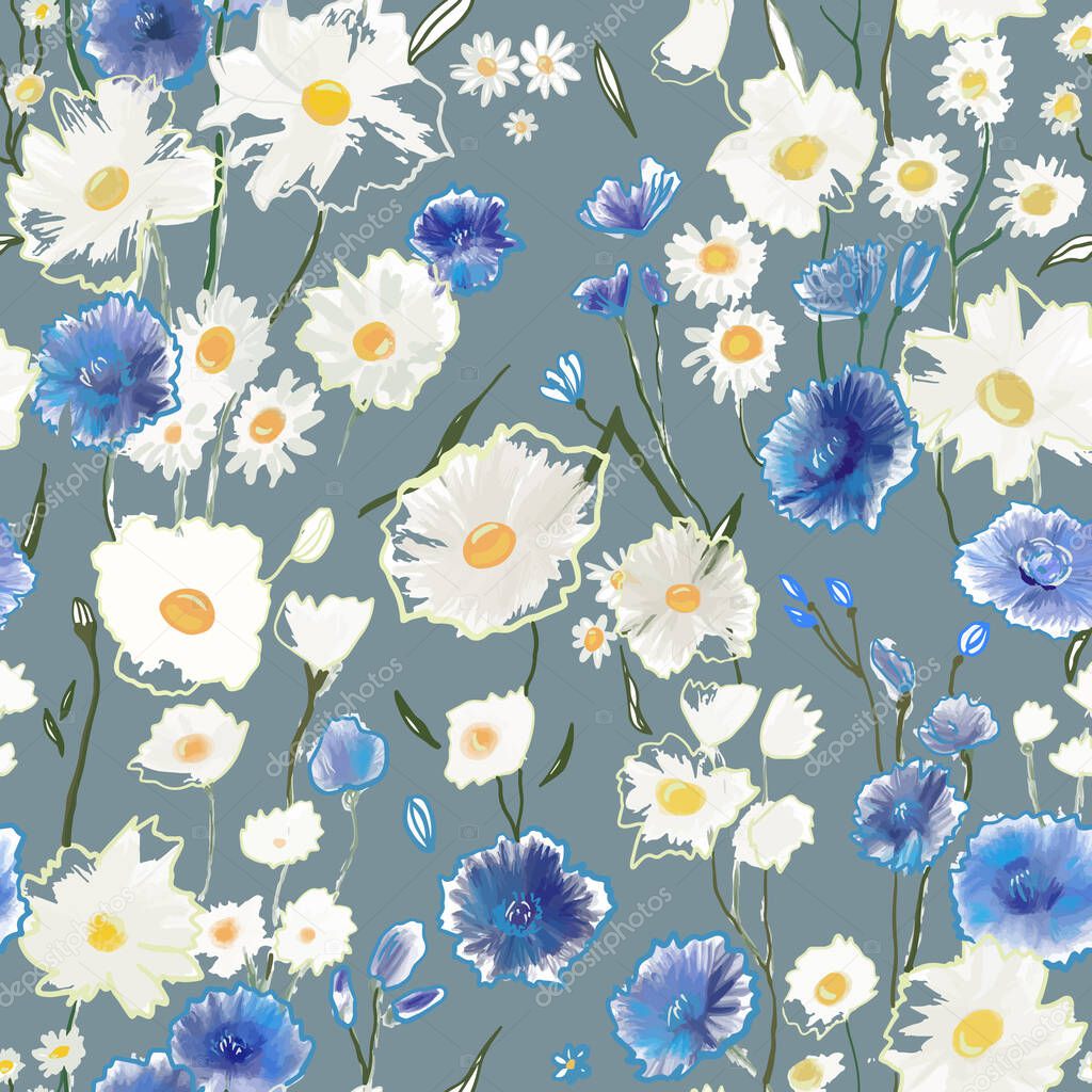 Cute pattern with small blue and white flowers on grey. Liberty style. Drawn floral seamless meadow background, texture, print. Vector illustration of wild cornflowers, chamomile, ryegrass