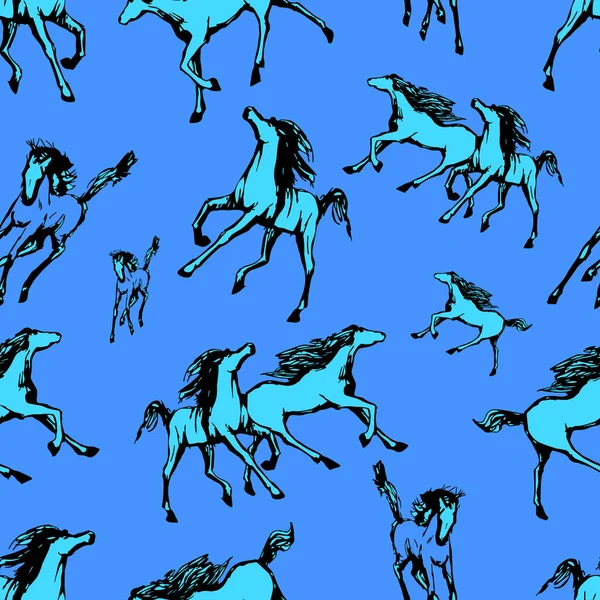 Galopperende Paarden Blauwe Achtergrond Getekend Naadloos Patroon Silhouetten Lineaire Figuren — Stockvector