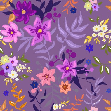 Tropik çiçek deseni. Pembe arka planda renklendirilmiş çiçek desenli vektörler. Stilize el boyaması bahçe zambağı ve egzotik çiçek dokusu. Modaya uygun yaprak izi. Vektör