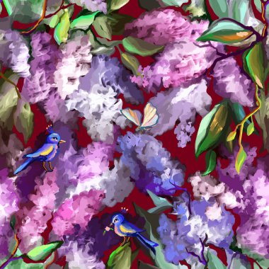 Kuş desenli leylak desenli çiçek deseni. İlkbaharda açan mor çiçek dalları. Karanlık bir arka planda suluboya ile boyanmış. Vektör illüstrasyonu, çiçek dokusu, damga, iz