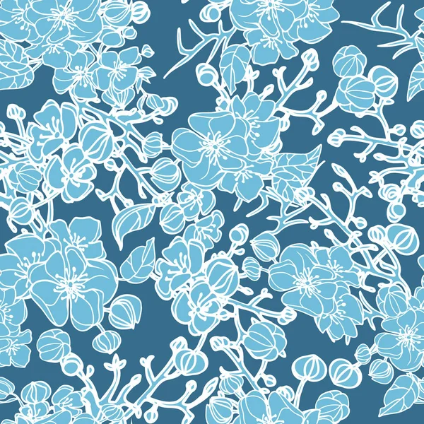 Vector Hand Drawn Repeat Pattern Blue Roses Pastel Blue Background — Stock Vector