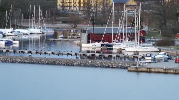 Traditionele Zweedse rode geschilderde botenhuizen en jachthaven in de Stockholm archipel — Stockvideo