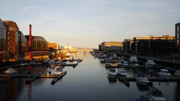 Vue d'hiver d'une marina à Trondheim — Video