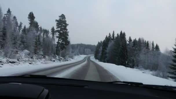 POV rijbewijs auto via winter Noorwegen, steadicam schot — Stockvideo