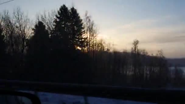 Téli vezetői - vezetői egy erdő road nézet az oldalsó ablak - naplemente varázslat óra — Stock videók