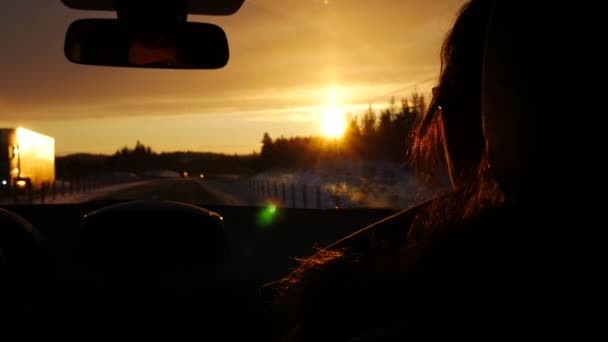 Mulher passageiro em carro através de estrada de inverno em viagem turística viagem de estrada sozinho — Vídeo de Stock