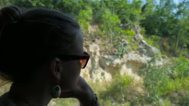 Femme voyageant en bus et regardant la nature par la fenêtre. Vacances en Vietnam . — Video