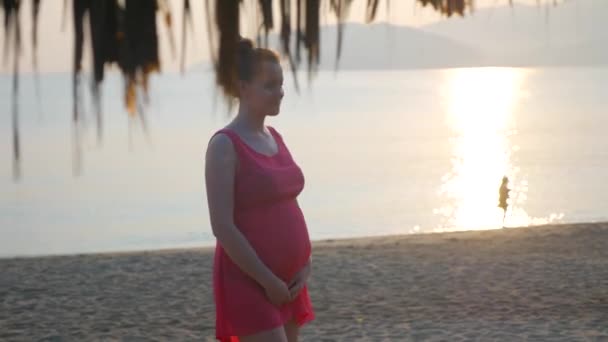 Bella donna incinta in tunica rossa che cammina e posa al tramonto sulla spiaggia. Vacanza tropicale in Vietnam . — Video Stock