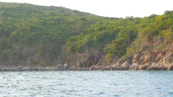 Vue depuis un bateau en mouvement sur une rive boisée escarpée, Vietnam — Video